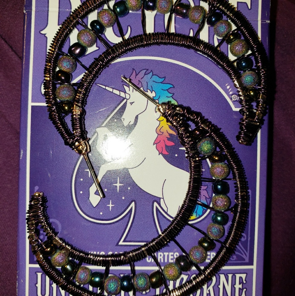 Wrapped Dark Iridescent Glass Crescent Earrings